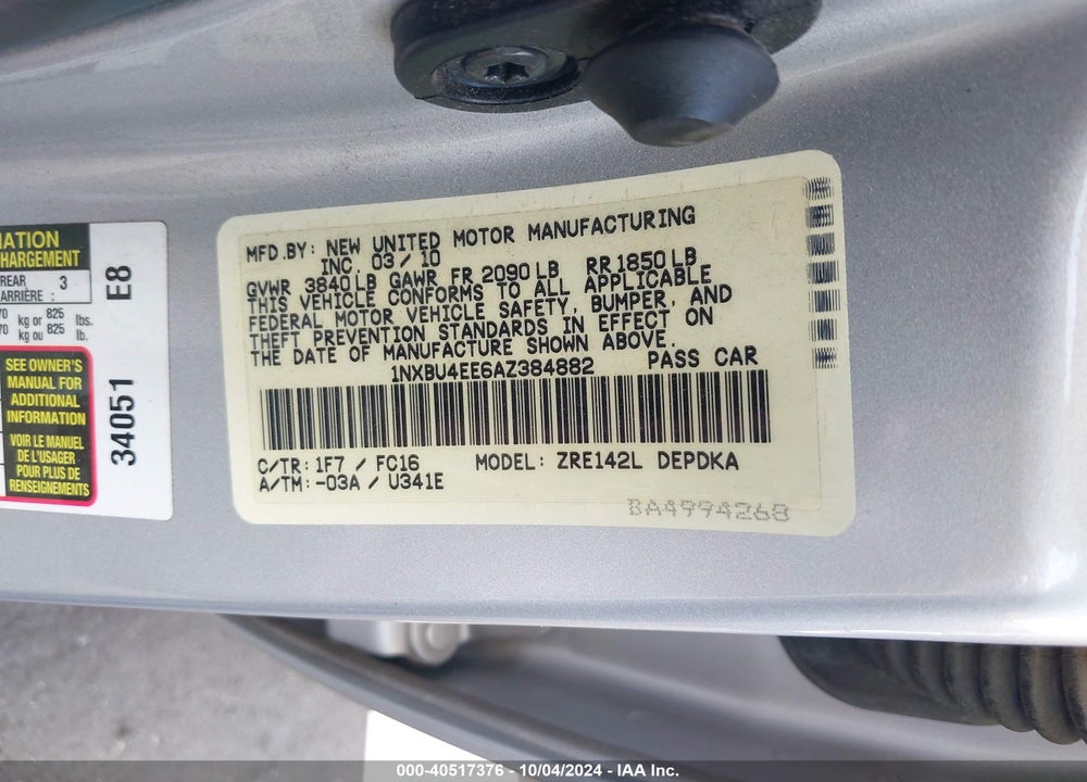 2010 TOYOTA COROLLA LE VIN: 1NXBU4EE6AZ384882
