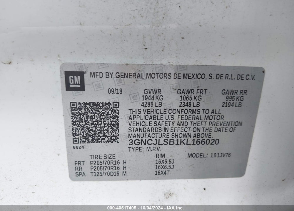 2019 CHEVROLET TRAX LT VIN: 3GNCJLSB1KL166020