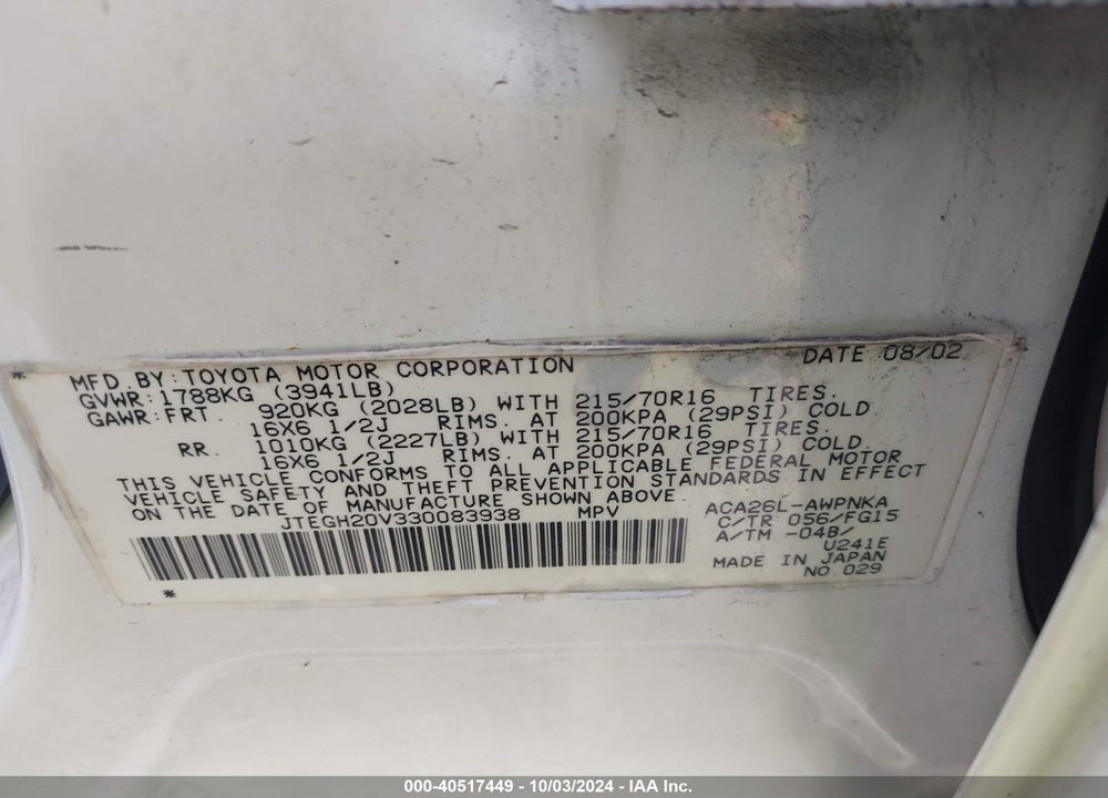 2003 TOYOTA RAV4 VIN: JTEGH20V330083938
