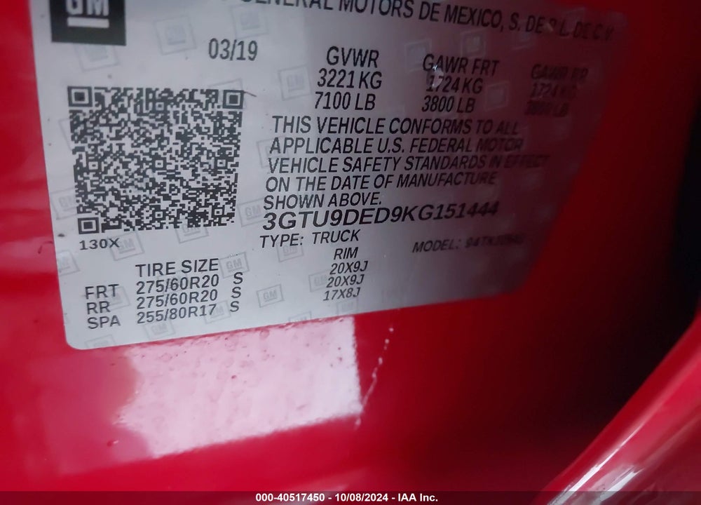 2019 GMC SIERRA 1500 SLT VIN: 3GTU9DED9KG151444