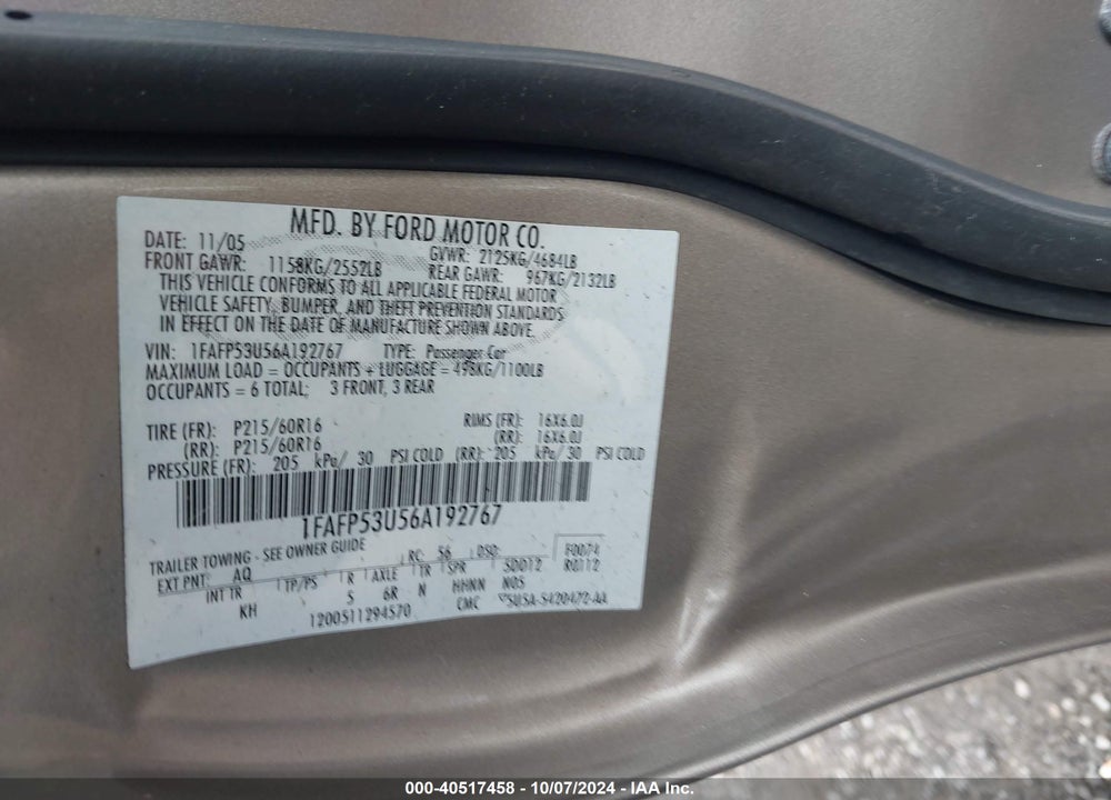 2006 FORD TAURUS SE VIN: 1FAFP53U56A192767