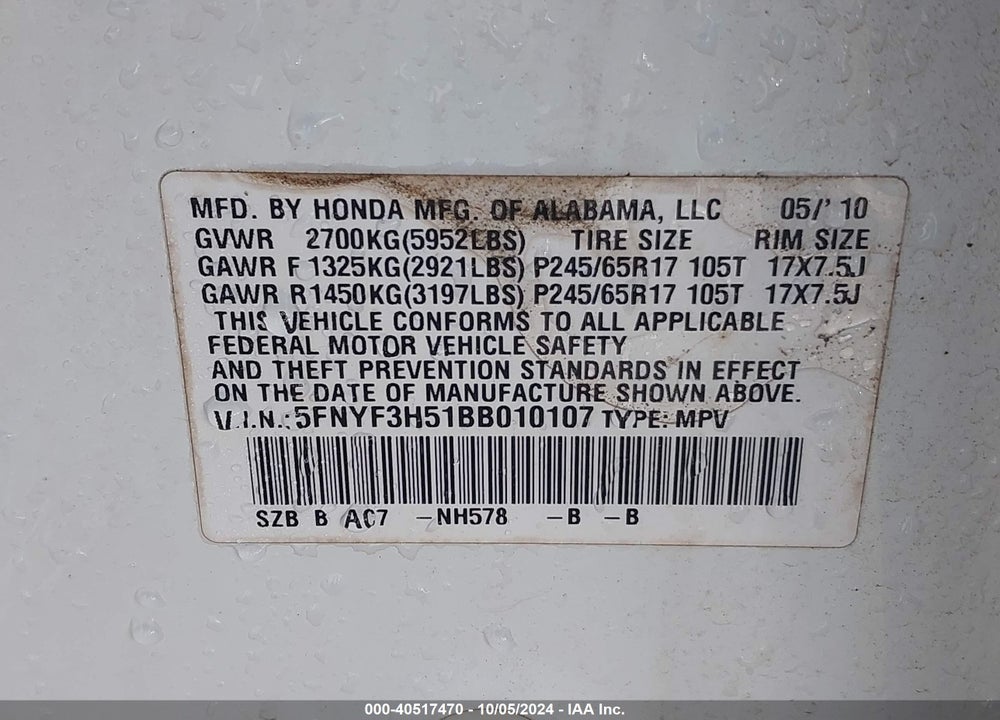 2011 HONDA PILOT EX-L VIN: 5FNYF3H51BB010107