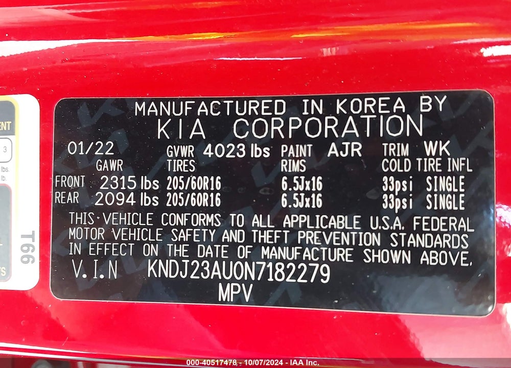 2022 KIA SOUL LX VIN: KNDJ23AU0N7182279