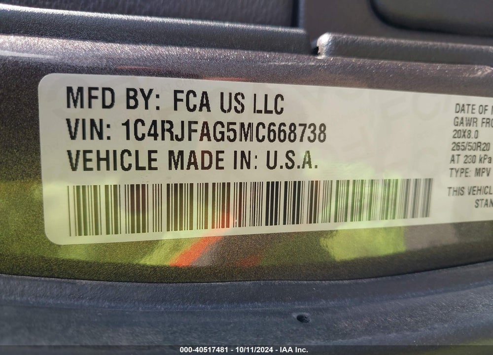 2021 CHEROKEE JEEP GRAND  LAREDO X 4X4 VIN: 1C4RJFAG5MC668738