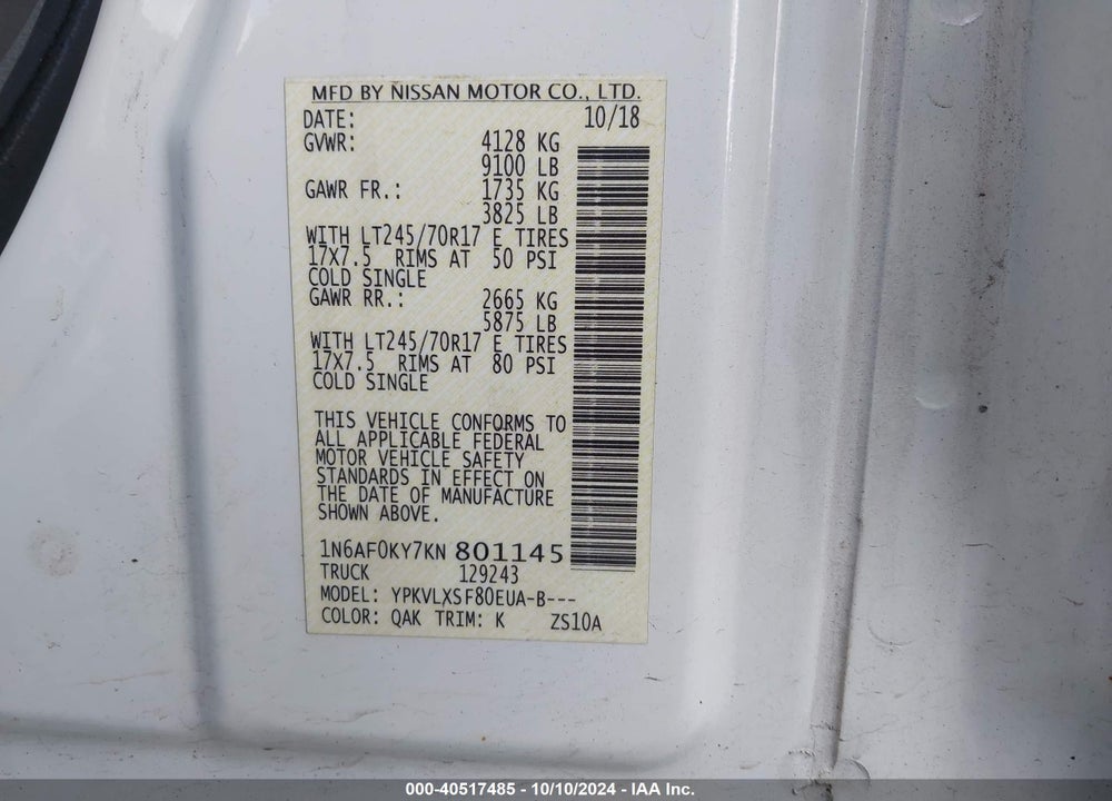 2019 NISSAN NV CARGO NV2500 HD SV V8 VIN: 1N6AF0KY7KN801145