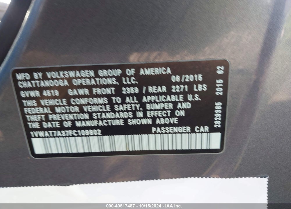 2015 VOLKSWAGEN PASSAT 1.8T LIMITED EDITION VIN: 1VWAT7A37FC109802