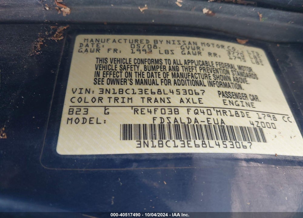 2008 NISSAN VERSA 1.8S VIN: 3N1BC13E68L453067