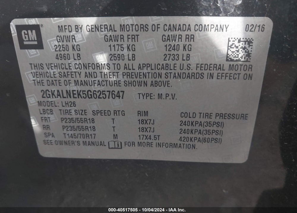 2016 GMC TERRAIN SLE-2 VIN: 2GKALNEK5G6257647