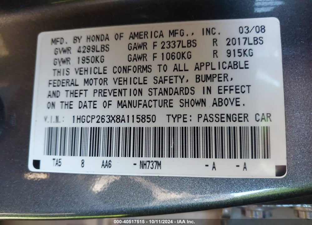 2008 HONDA ACCORD 2.4 LX VIN: 1HGCP263X8A115850