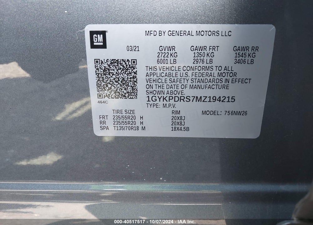 2021 CADILLAC XT6 PREMIUM LUXURY VIN: 1GYKPDRS7MZ194215