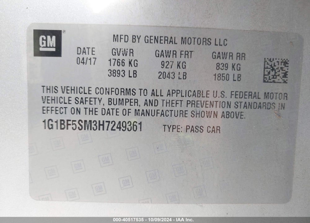 2017 CHEVROLET CRUZE PREMIER AUTO VIN: 1G1BF5SM3H7249361