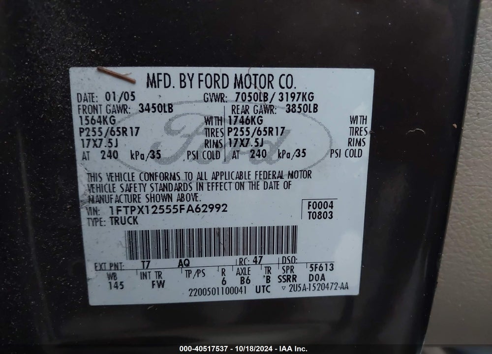 2005 FORD F-150 LARIAT/XL/XLT VIN: 1FTPX12555FA62992