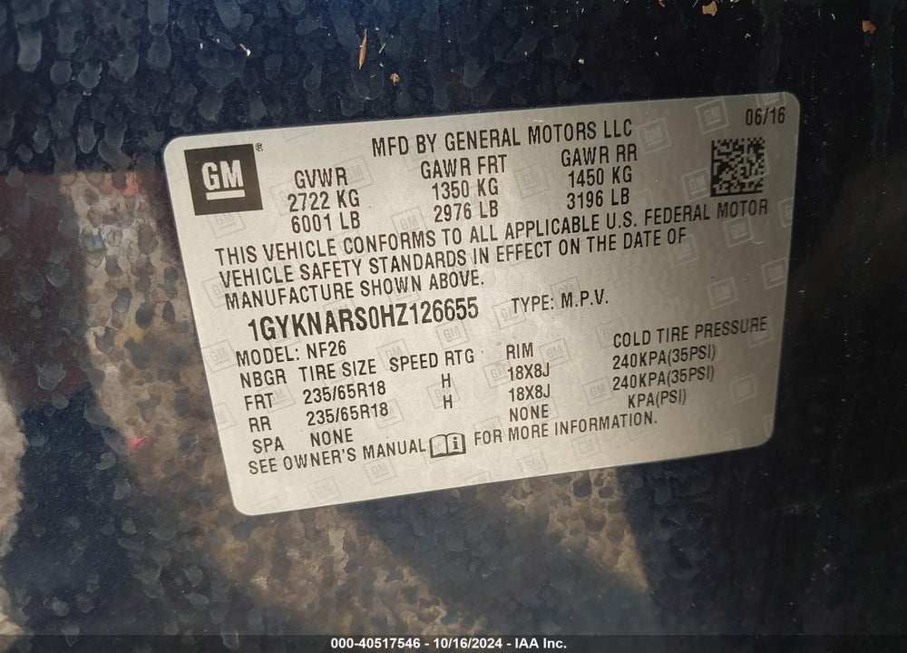 2017 CADILLAC XT5 STANDARD VIN: 1GYKNARS0HZ126655