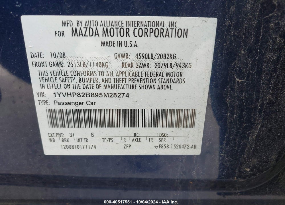 2009 MAZDA 6 S GRAND TOURING VIN: 1YVHP82B895M28274