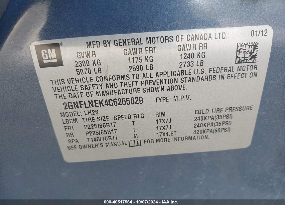 2012 CHEVROLET EQUINOX 2LT VIN: 2GNFLNEK4C6265029