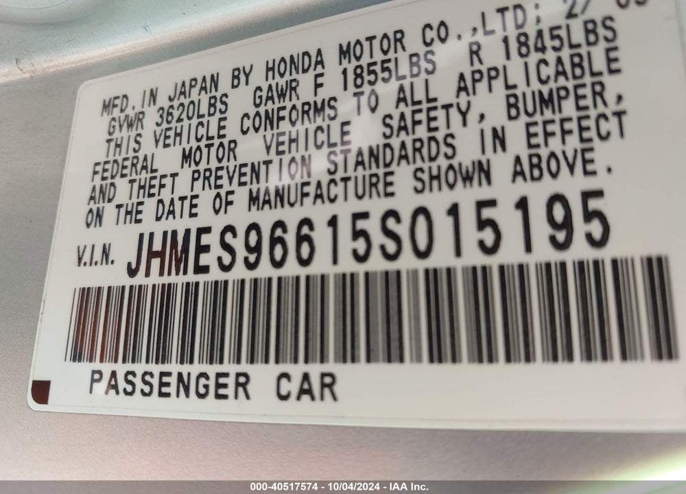 2005 HONDA CIVIC HYBRID VIN: JHMES96615S015195