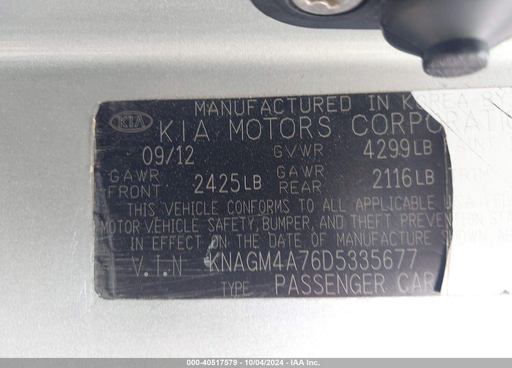2013 KIA OPTIMA LX VIN: KNAGM4A76D5335677