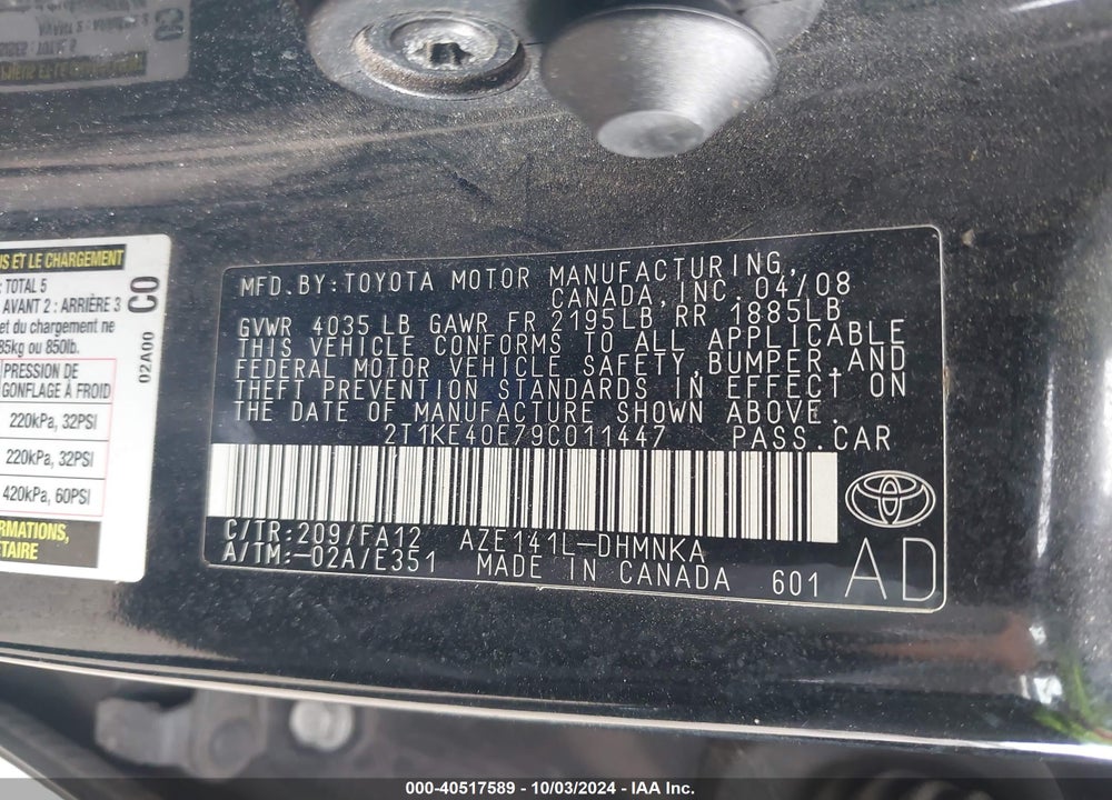 2009 TOYOTA MATRIX S VIN: 2T1KE40E79C011447