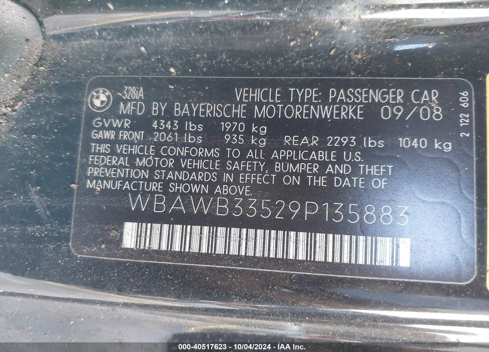 2009 BMW 328I VIN: WBAWB33529P135883