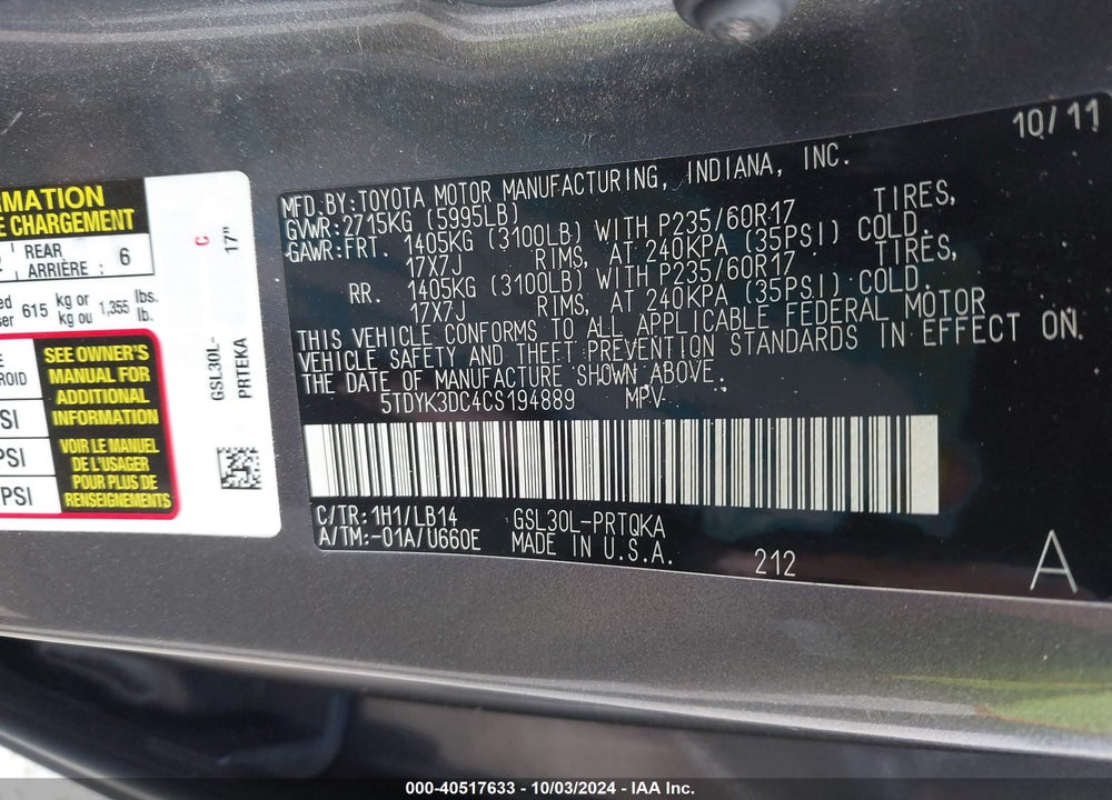 2012 TOYOTA SIENNA XLE V6 8 PASSENGER VIN: 5TDYK3DC4CS194889