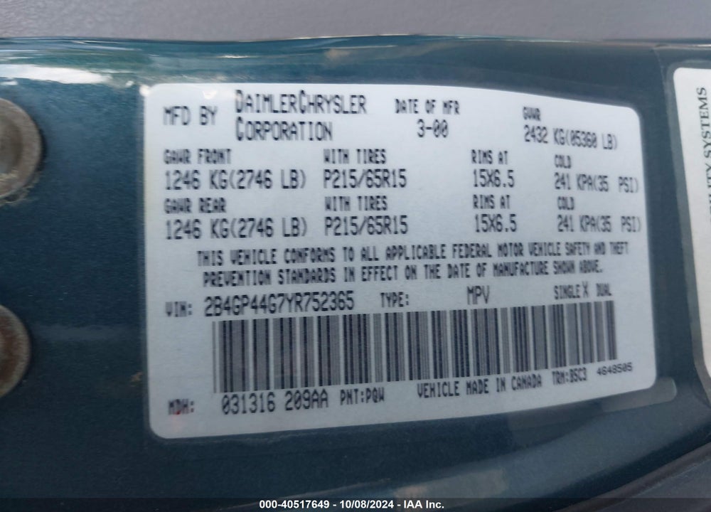 2000 DODGE GRAND CARAVAN SE VIN: 2B4GP44G7YR752365