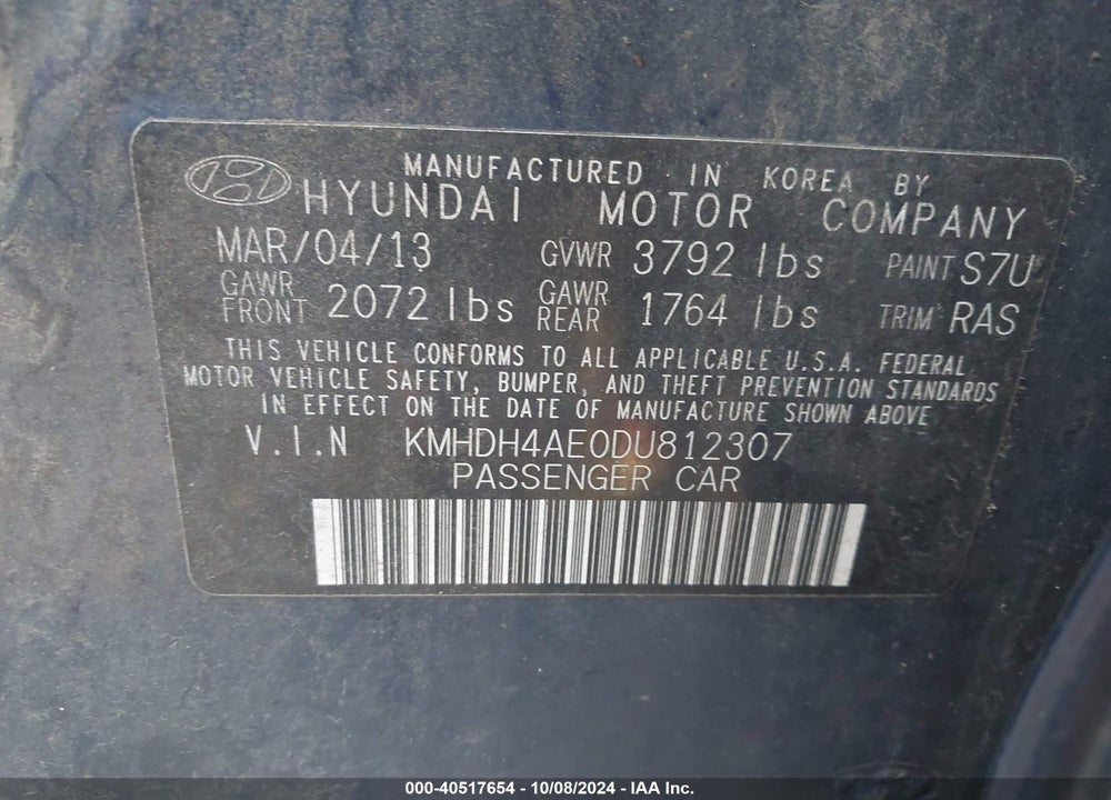 2013 HYUNDAI ELANTRA GLS VIN: KMHDH4AE0DU812307
