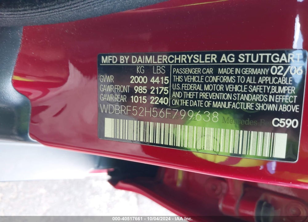2006 MERCEDES-BENZ C 230 SPORT VIN: WDBRF52H56F799638