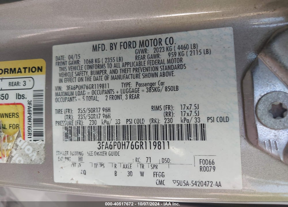 2016 FORD FUSION VIN: 3FA6P0H76GR119811