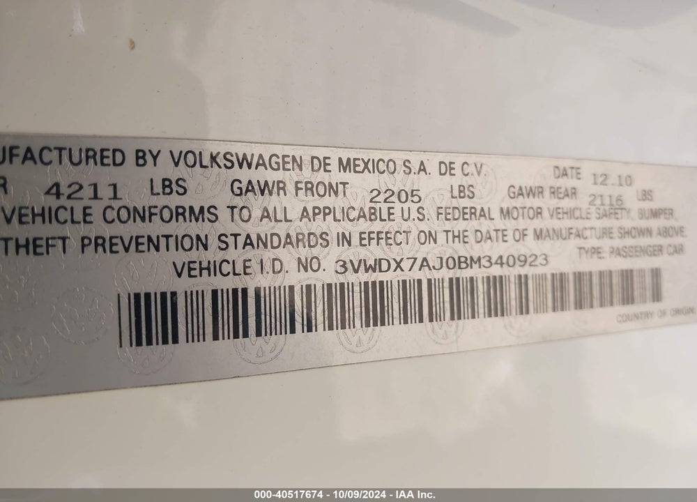 2011 VOLKSWAGEN JETTA 2.5L SE VIN: 3VWDX7AJ0BM340923
