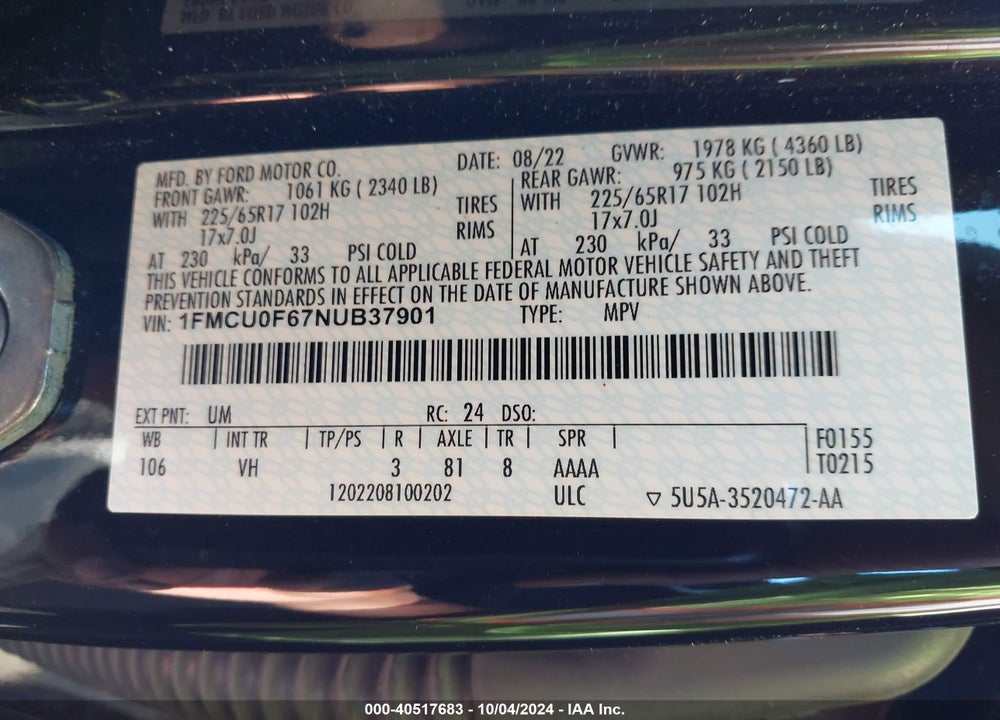 2022 FORD ESCAPE S VIN: 1FMCU0F67NUB37901