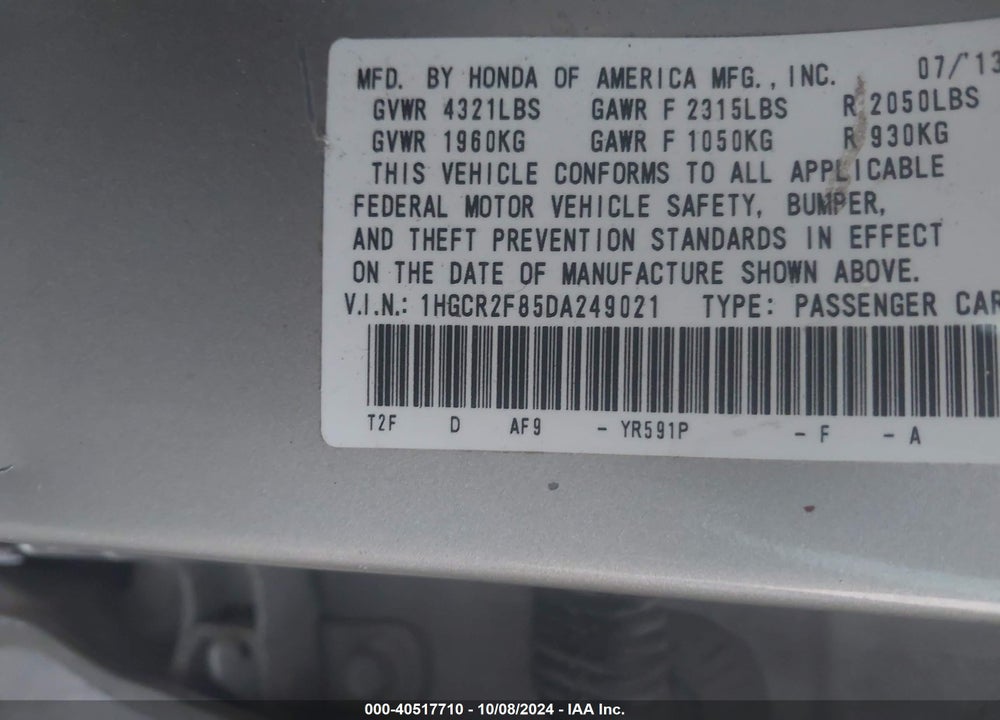 2013 HONDA ACCORD EX-L VIN: 1HGCR2F85DA249021