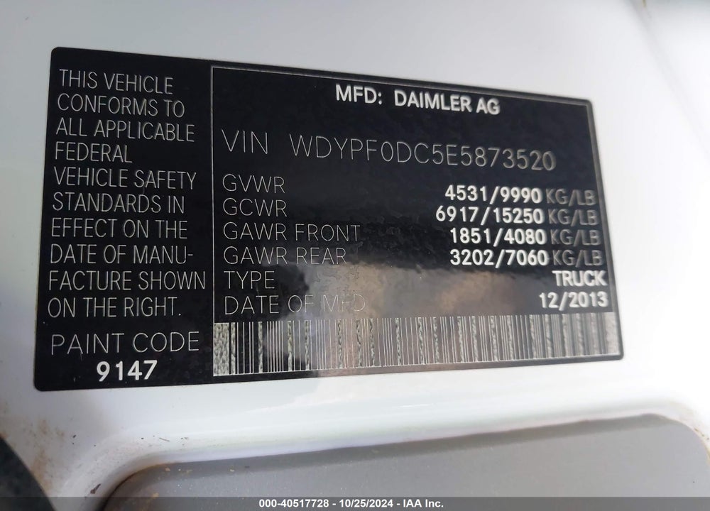 2014 FREIGHTLINER SPRINTER 3500 HIGH ROOF VIN: WDYPF0DC5E5873520