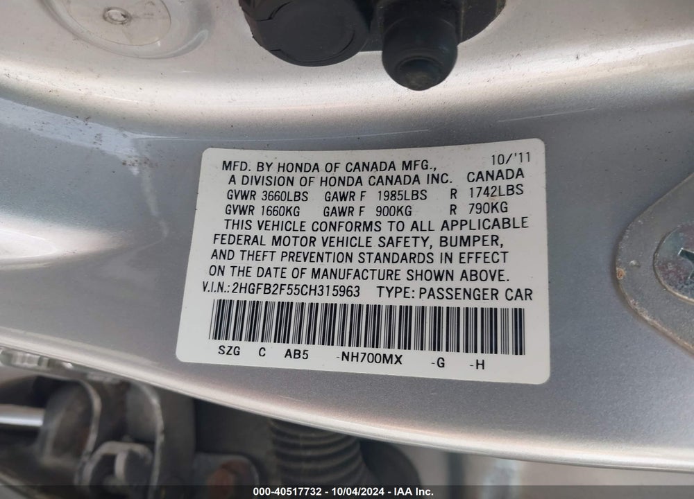 2012 HONDA CIVIC LX VIN: 2HGFB2F55CH315963