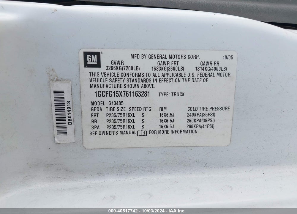 2006 CHEVROLET EXPRESS WORK VAN VIN: 1GCFG15X761163281