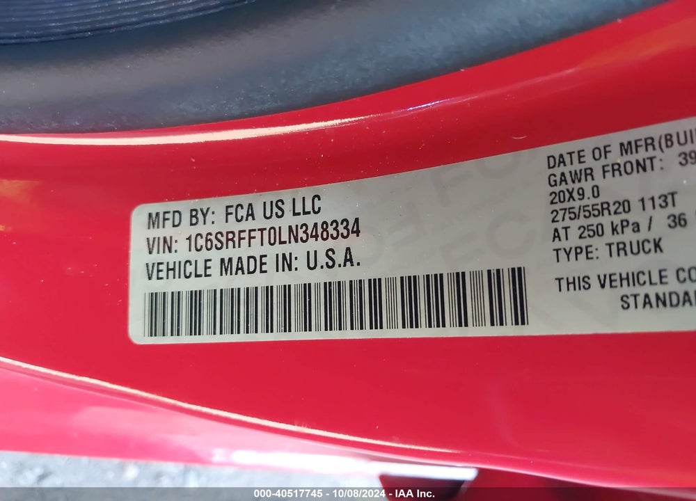 2020 RAM 1500 BIG HORN 4X4 5'7 BOX VIN: 1C6SRFFT0LN348334