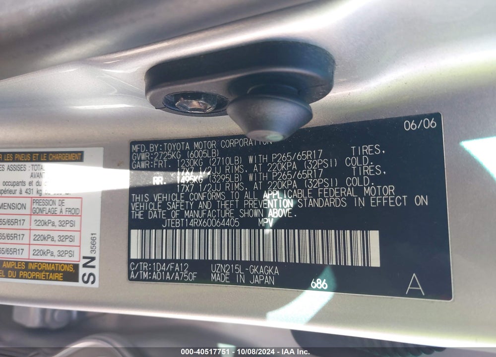 2006 TOYOTA 4RUNNER SR5 V8 VIN: JTEBT14RX60064405