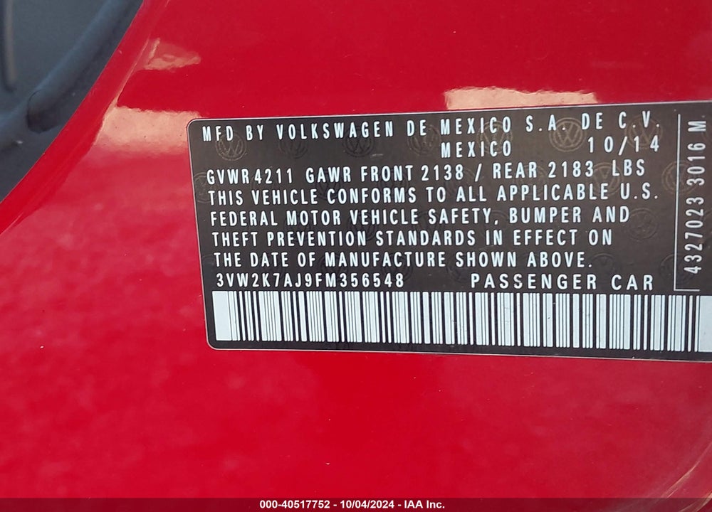 2015 VOLKSWAGEN JETTA 2.0L S VIN: 3VW2K7AJ9FM356548