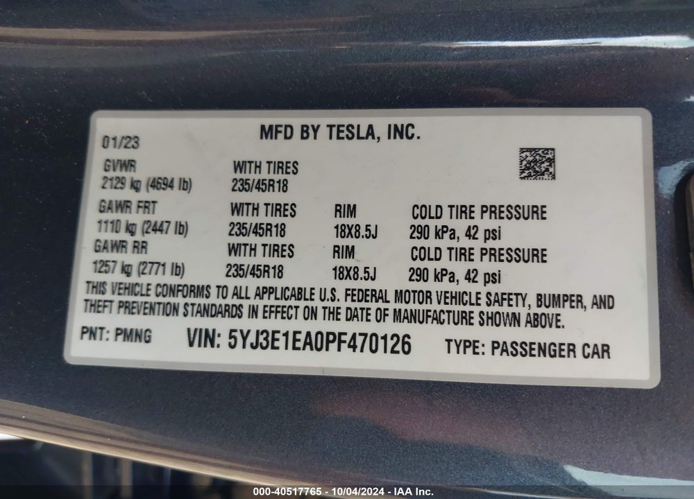 2023 TESLA MODEL 3 REAR-WHEEL DRIVE VIN: 5YJ3E1EA0PF470126