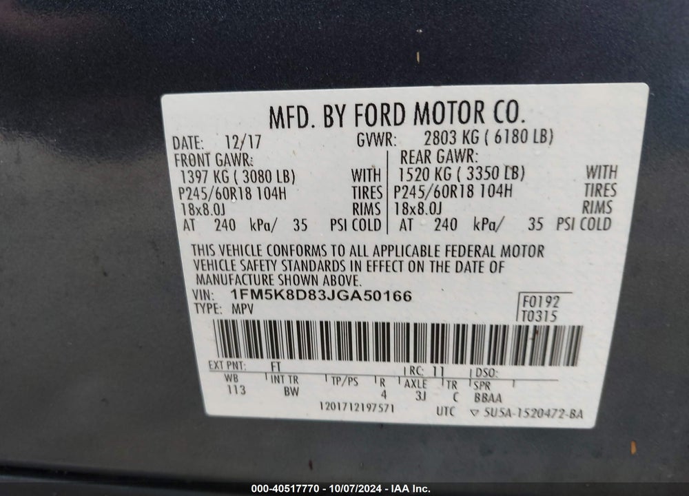 2018 FORD EXPLORER XLT VIN: 1FM5K8D83JGA50166
