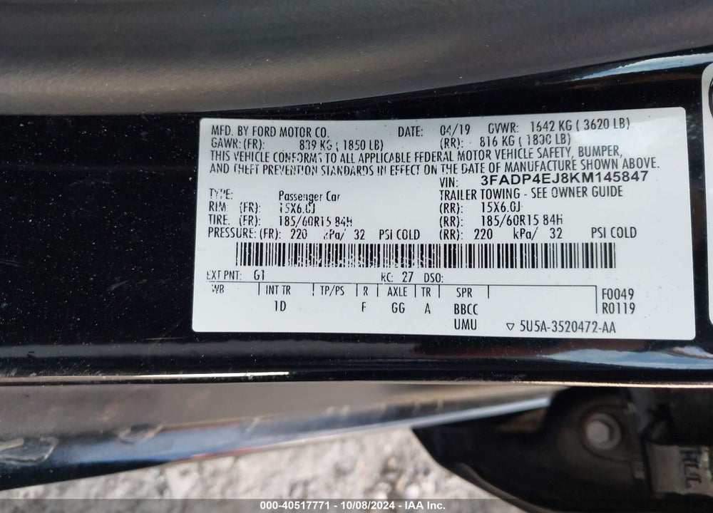 2019 FORD FIESTA SE VIN: 3FADP4EJ8KM145847