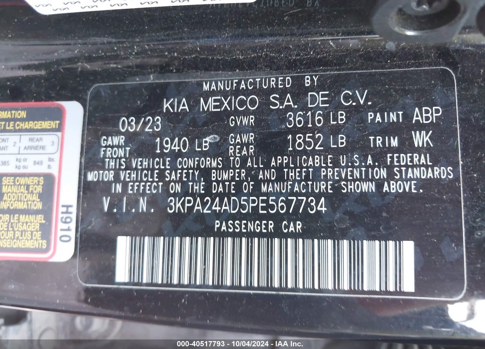 2023 KIA RIO S VIN: 3KPA24AD5PE567734