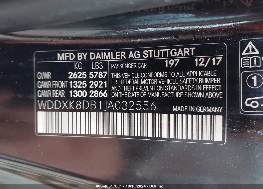 2018 MERCEDES-BENZ S 560 VIN: WDDXK8DB1JA032556