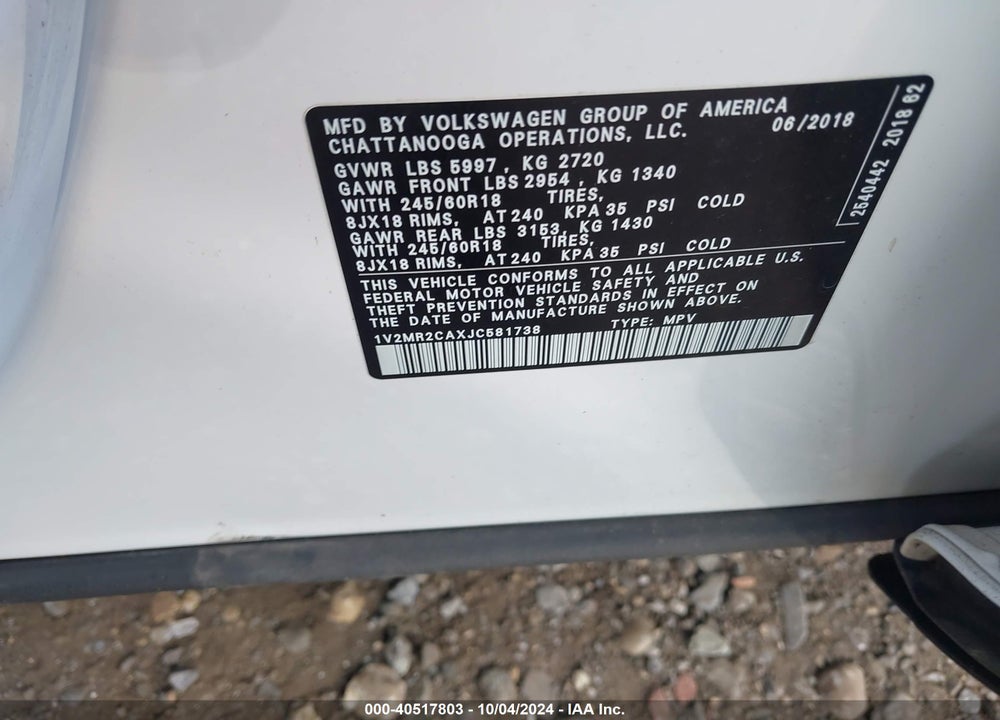 2018 VOLKSWAGEN ATLAS 3.6L V6 SEL VIN: 1V2MR2CAXJC581738