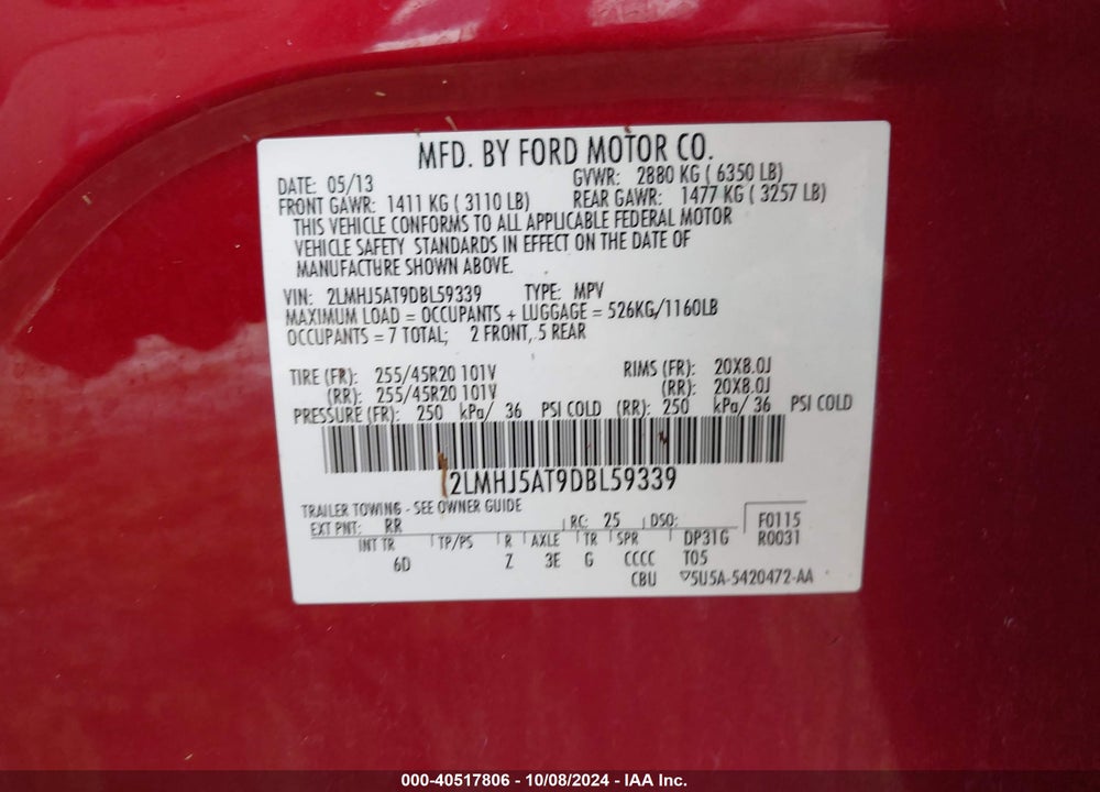 2013 LINCOLN MKT ECOBOOST VIN: 2LMHJ5AT9DBL59339
