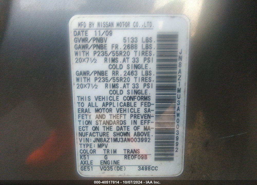 2010 NISSAN MURANO LE VIN: JN8AZ1MU3AW003992