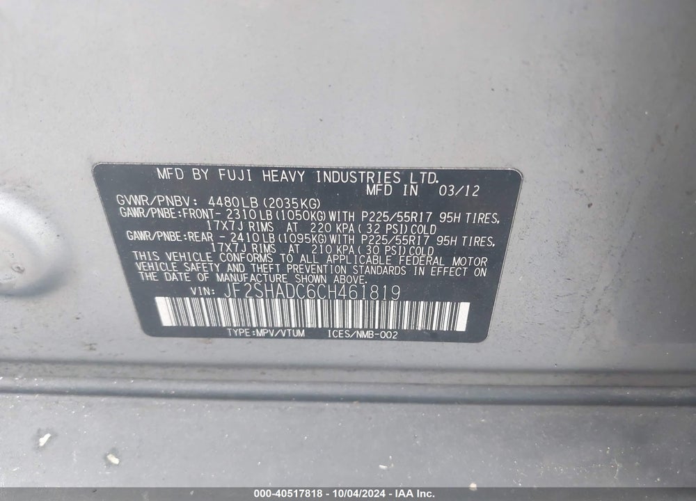2012 SUBARU FORESTER 2.5X PREMIUM VIN: JF2SHADC6CH461819