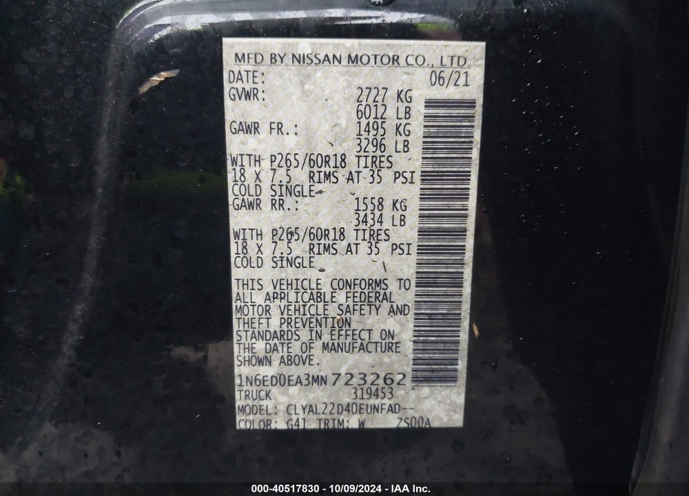 2021 NISSAN FRONTIER VIN: 1N6ED0EA3MN723262