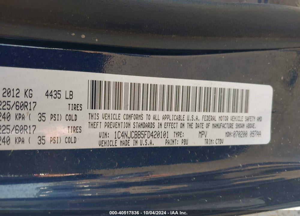 2015 JEEP COMPASS SPORT VIN: 1C4NJCBB5FD420101