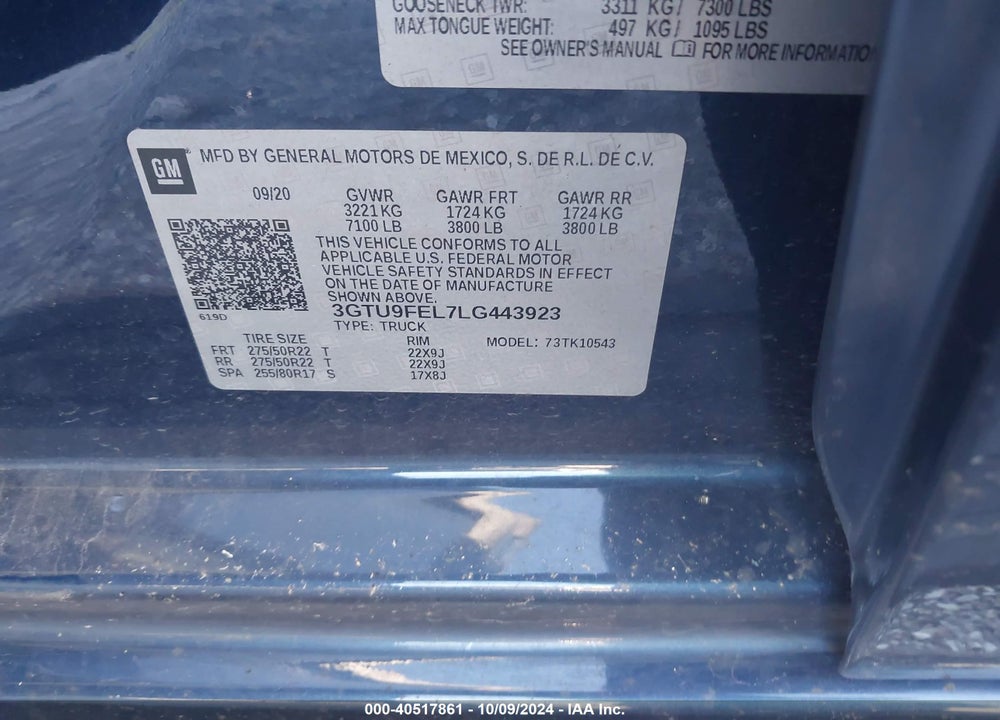 2020 GMC SIERRA 1500 4WD SHORT BOX DENALI VIN: 3GTU9FEL7LG443923