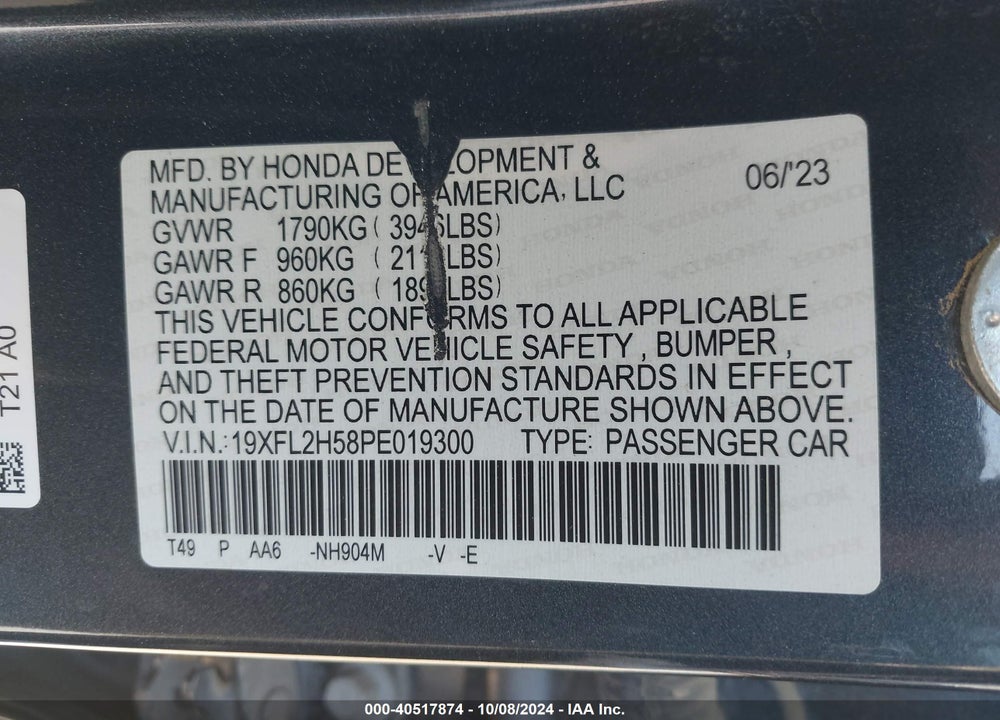 2023 HONDA CIVIC LX VIN: 19XFL2H58PE019300